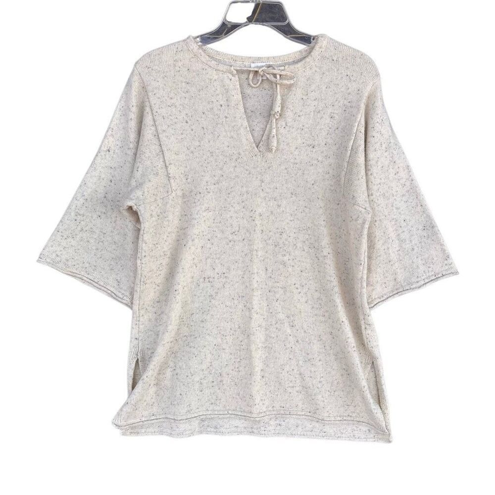 PureJill Wool Ivory Sweater Women Size Small Cotton Wide 3/4 Sleeve Neck String